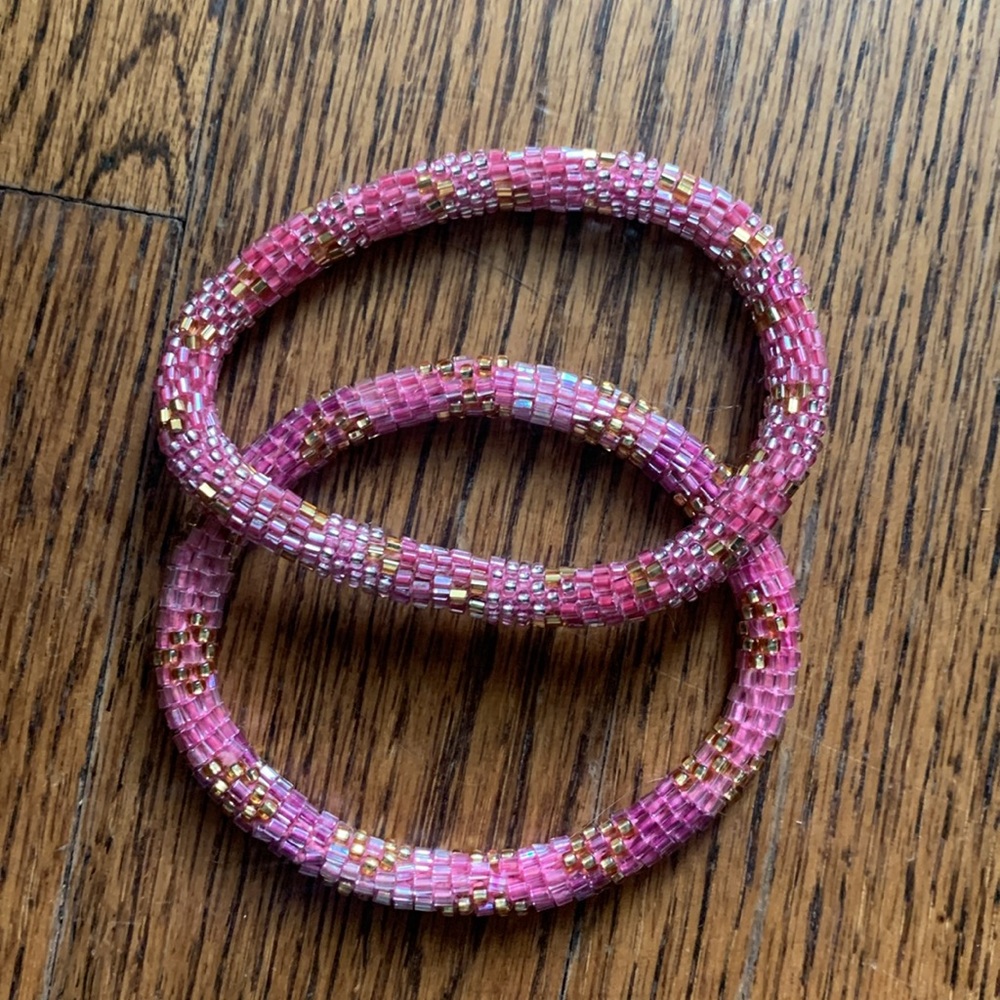 Pink and Gold Nepal Roll On Beaded Bracelets